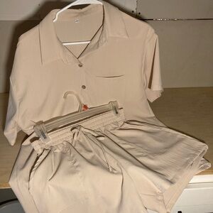Beige Short Sleeve Shirt and Shorts Set